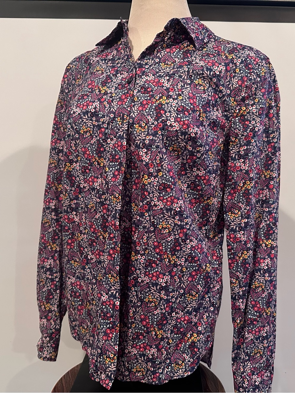 Boden Navy Floral Blouse with Pink, Red and Yellow Blooms
